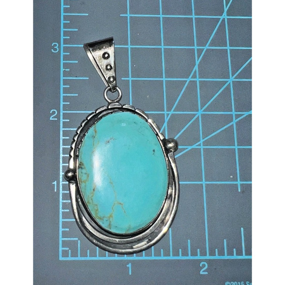 Native American Jewelry - Vintage Sterling Silver Large Kingman Turquoise Pendant Southwest Navajo Style